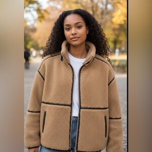 Elan Beige Sherpa Jacket with Dark Trim